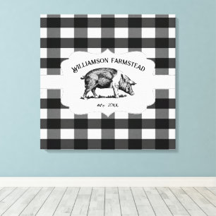 Black Buffalo Plaid Farm Pig Canvas Print