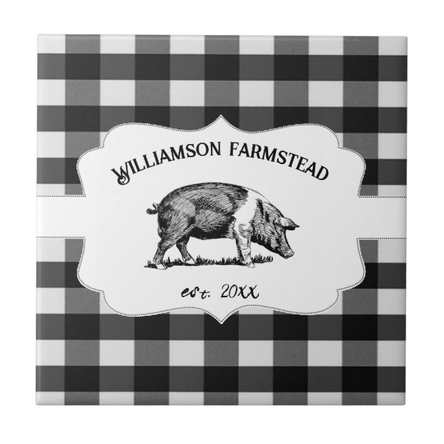 Black Buffalo Plaid Farm Pig Decorative Tile (Front)