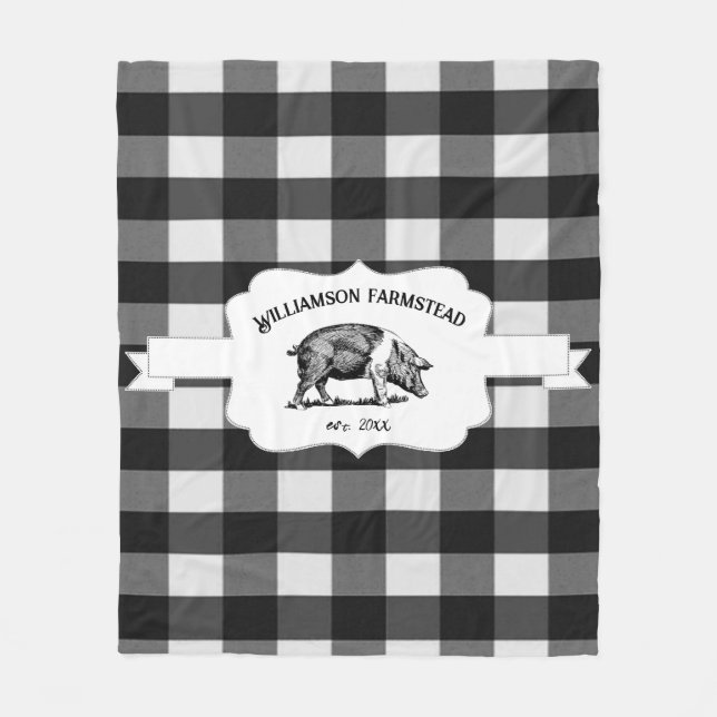 Black Buffalo Plaid Farm Pig Fleece Blanket (Front)