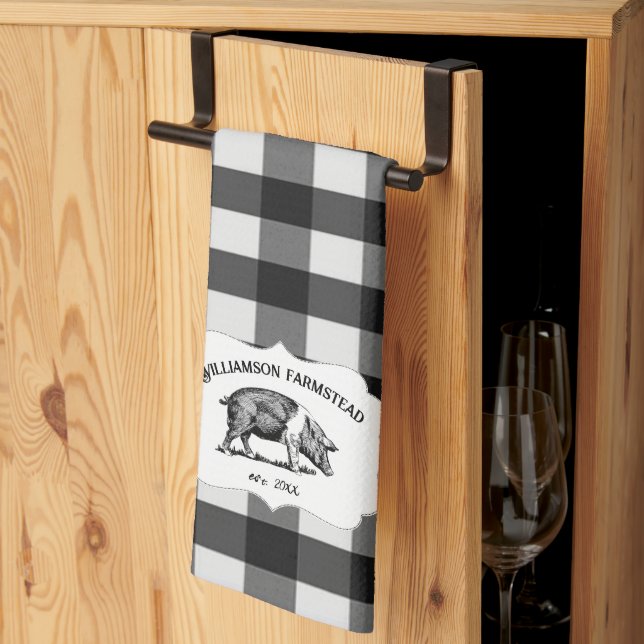 Black Buffalo Plaid Farm Pig Serviette de cuisine (Pliage en tiers)