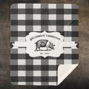 Black Buffalo Plaid Farm Pig Sherpa Blanket