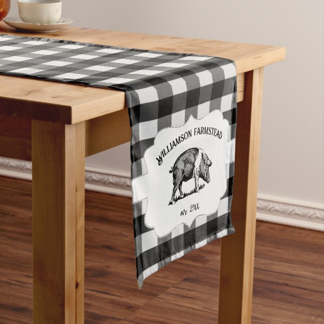 Black Buffalo Plaid Farm Pig Short Table Runner (In Situ)