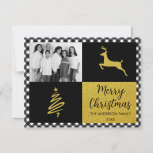 Black Buffalo Plaid Gold Christmas Family Photo Holiday Card
