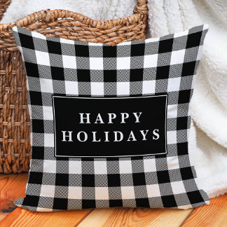 Black Buffalo Plaid Happy Holidays Christmas Throw Pillow