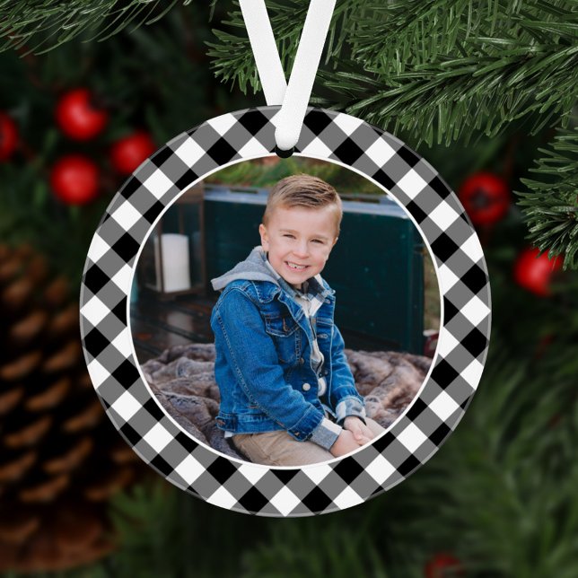 Black Buffalo Plaid Holiday Photo Personalized Ornament (Creator Uploaded)