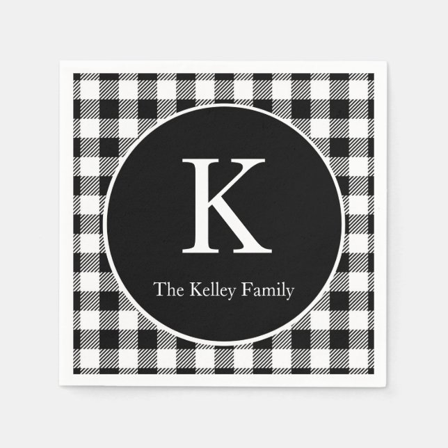 Black Buffalo Plaid Initial Monogram Napkin (Front)
