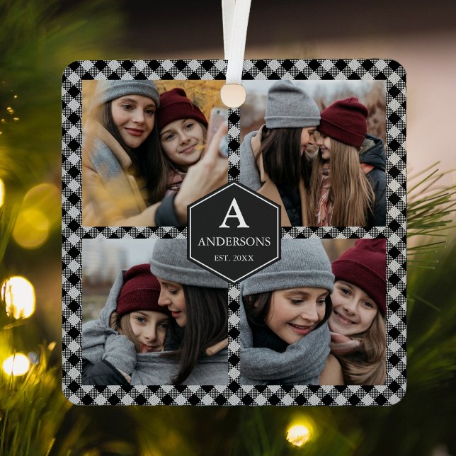 Black Buffalo Plaid Lumberjack Photo Collage Metal Ornament (Creator Uploaded)