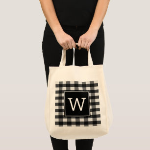 Black Buffalo Plaid Monogram Tote Bag