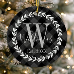 Black Buffalo Plaid Monogram Wreath Christmas Ceramic Ornament<br><div class="desc">This cute rustic farmhouse design features a Buffalo Plaid pattern with a Monogram Wreath. A trendy Family Christmas Ceramic Ornament keepsake for the holidays. Personalize this custom design with your own family name or text.</div>