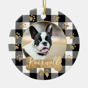 Black Buffalo Plaid Pattern Gold Bow Family Photo Ceramic Ornament