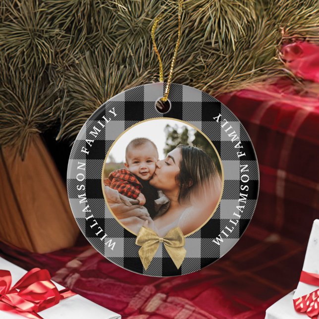 Black Buffalo Plaid Pattern Gold Bow Family Photo Ceramic Ornament (Black Buffalo Plaid Pattern Gold Bow Family Photo Ceramic Ornament)