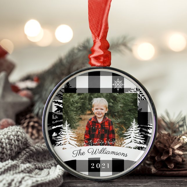 Black Buffalo Plaid Rustic Pine Tree Family Photo Metal Ornament (Black Buffalo Plaid Rustic Pine Tree Family Photo Metal Ornament)