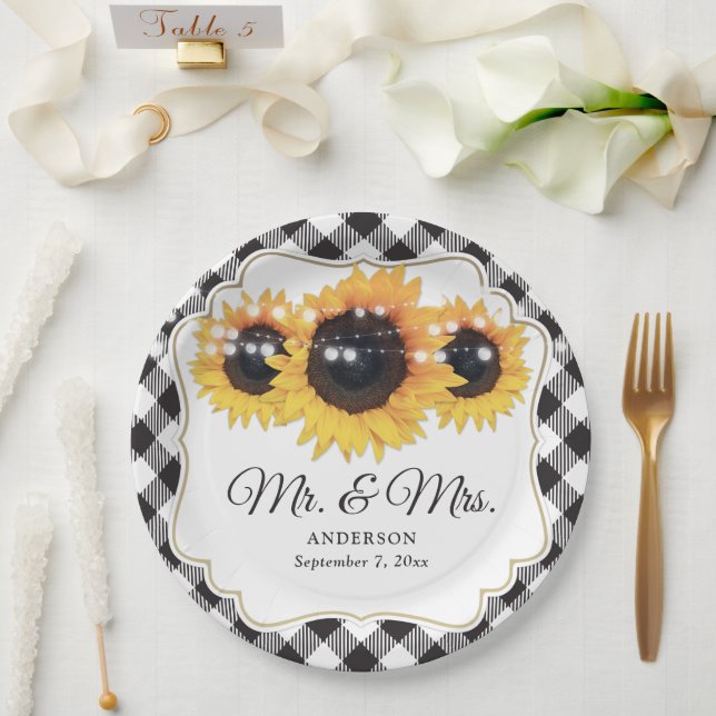Black Buffalo Plaid Sunflower Mr and Mrs Wedding Paper Plate (Wedding)