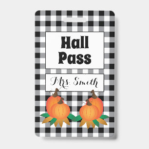 Black Buffalo Plaid with Pumpkins Hall Pass Badge