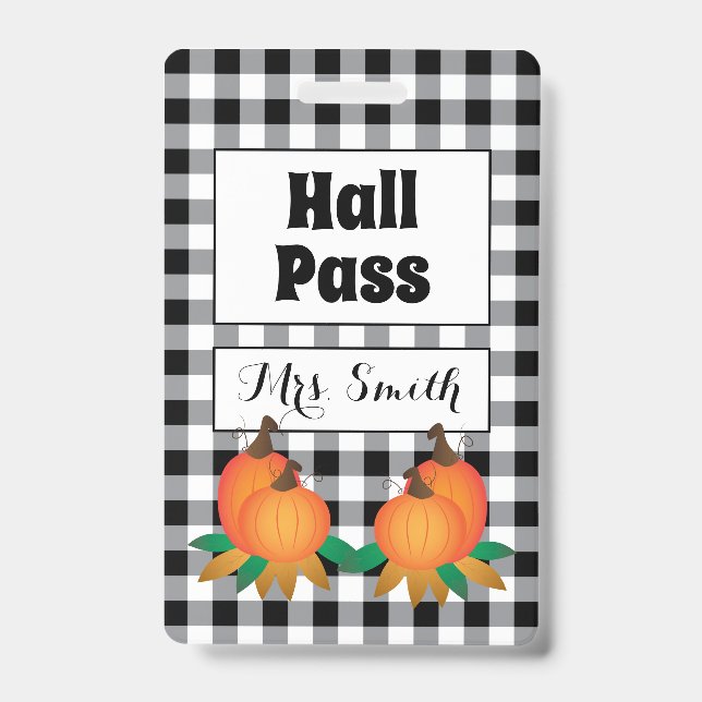 Black Buffalo Plaid with Pumpkins Hall Pass Badge (Front)