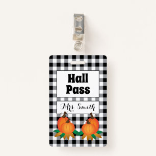 Black Buffalo Plaid with Pumpkins Hall Pass Badge