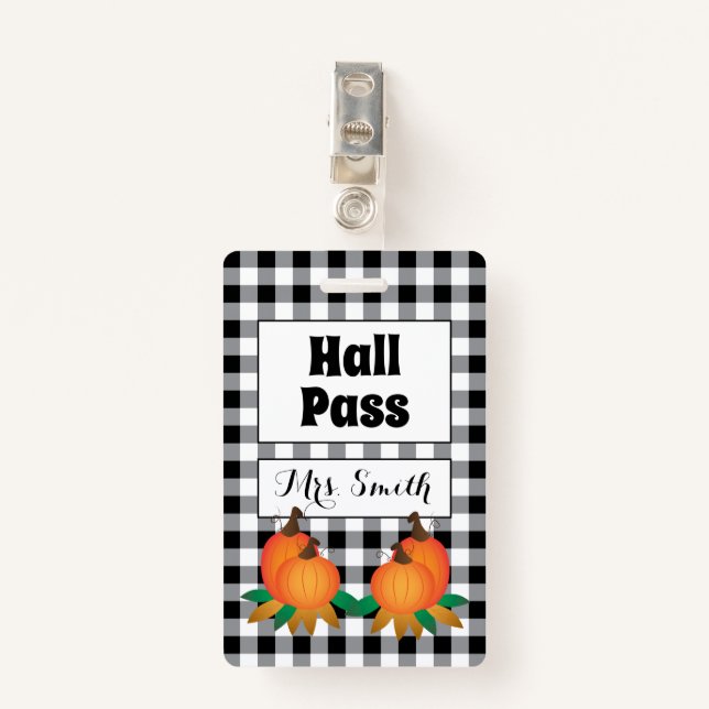 Black Buffalo Plaid with Pumpkins Hall Pass Badge (Front with Clip)