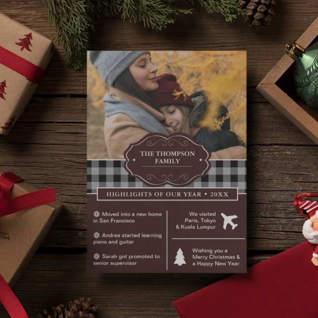 Black Buffalo Plaid Year in Review Christmas Photo Holiday Card (Creator Uploaded)