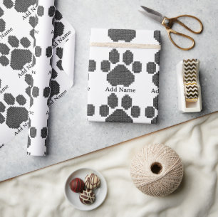 Black Building Blocks Dog Paw Print Custom Name Wrapping Paper