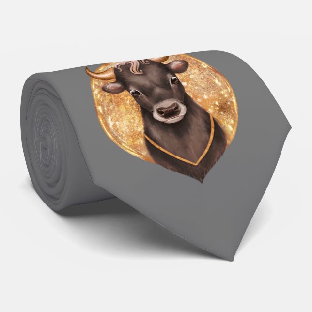 Black bull on gold, cute bull 2021, year of the ox tie (Rolled)