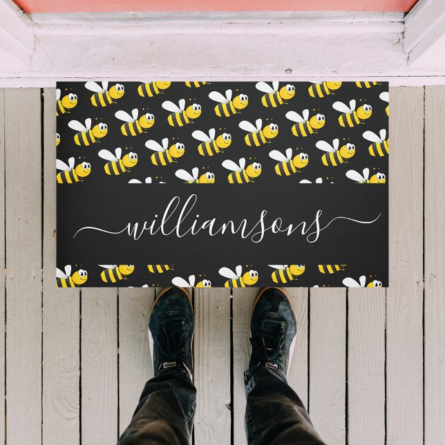 Black  bumble bees family monogram script  doormat (Creator Uploaded)