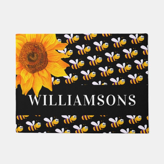 Black bumble bees sunflower family name doormat (Front)