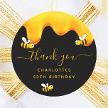 Black bumble bees sweet honey birthday thank you classic round sticker<br><div class="desc">A chic black background decorated with golden dripping honey. The text: thank you with a golden hand lettered style script with swashes.  Personalize and add a name and text. For a 50th (or any age) birthday party favours.</div>