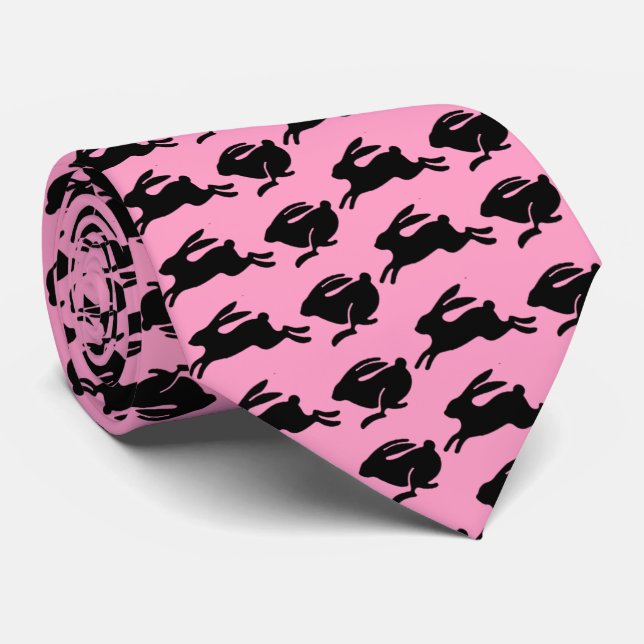Black Bunnies Hopping Pink Easter Fashion Tie (Rolled)
