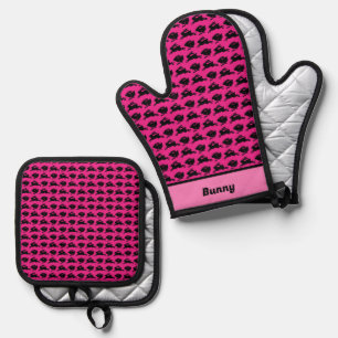 Black Bunnies on Pink Personalized Oven Mitt & Pot Holder Set