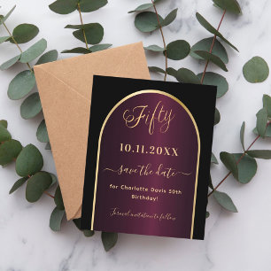 Black burgundy 50th birthday budget save the date flyer