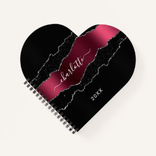 Black burgundy agate marble glitter name girl notebook