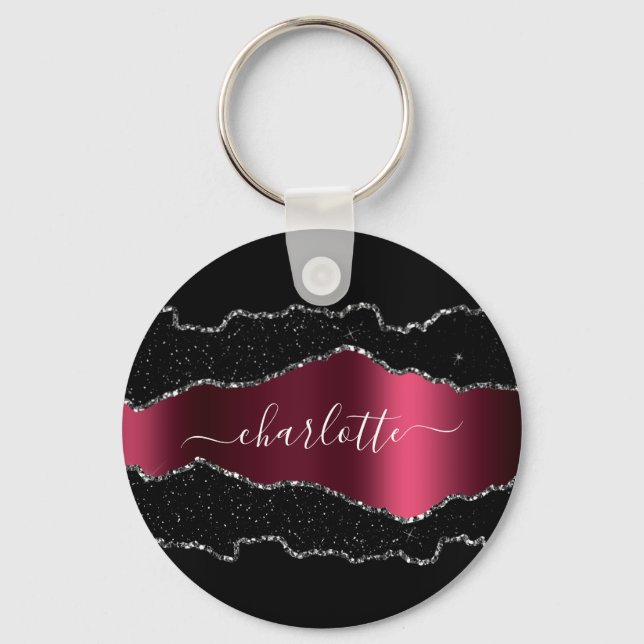 Black burgundy agate marble name script keychain (Front)