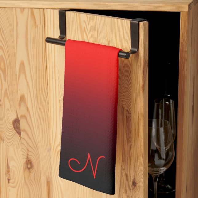 Black Burgundy and Bright Red Gradient Monogram Kitchen Towel (Thirds Fold)