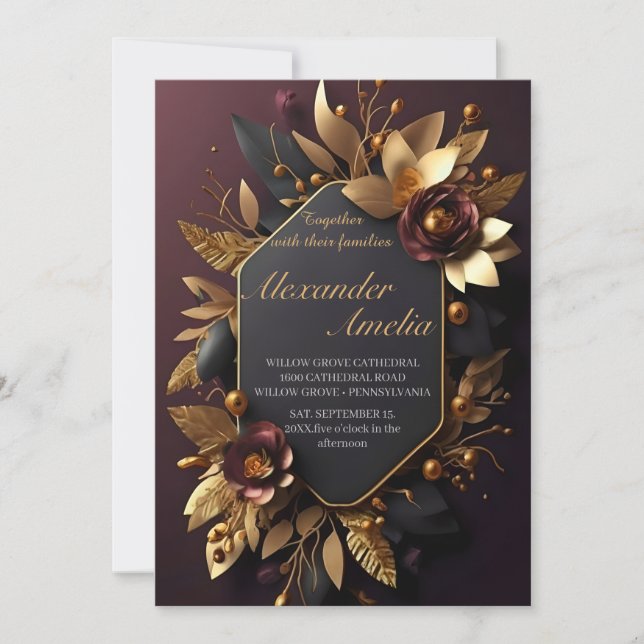 Black Burgundy and Gold Floral Modern Boho Wedding Invitation (Front)