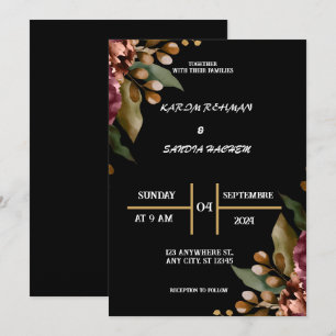 Black Burgundy and Gold Floral Modern Boho Wedding Invitation