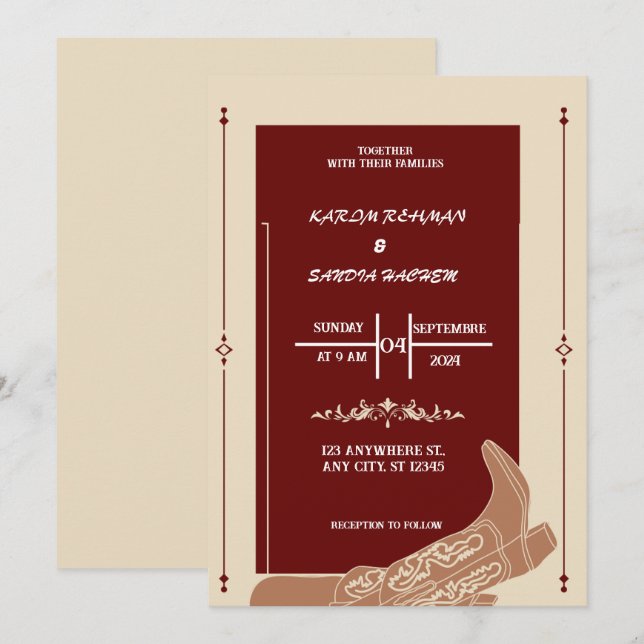 Black Burgundy and Gold Floral Modern Boho Wedding Invitation (Front/Back)