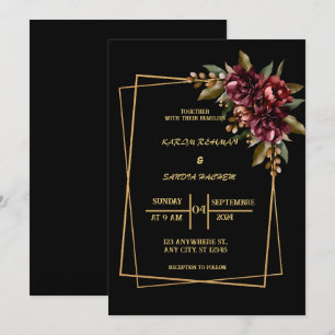 Black Burgundy and Gold Floral Modern Boho Wedding Invitation