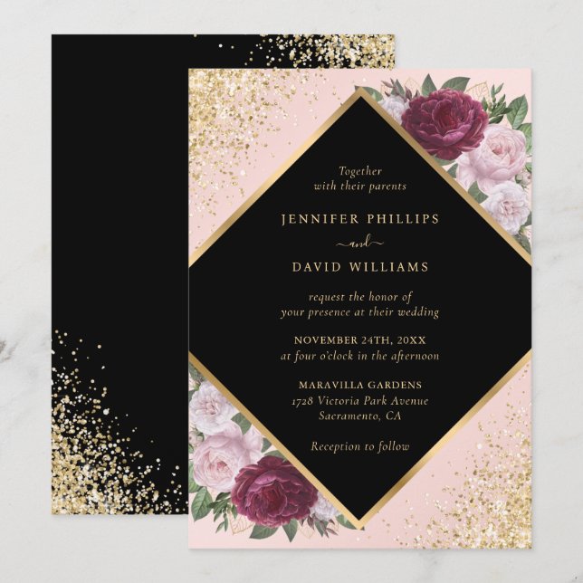 Black Burgundy Blush Gold Geometric Floral Wedding Invitation (Front/Back)