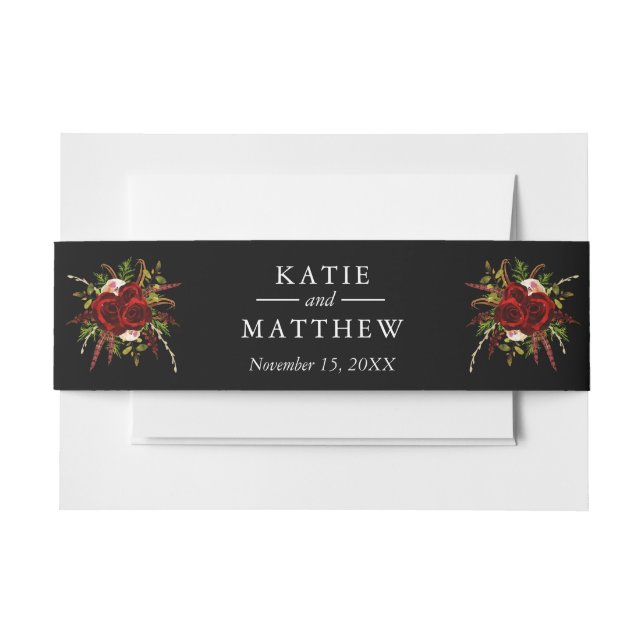 Black Burgundy Floral Boho Wedding Invitation Belly Band (Front Example)