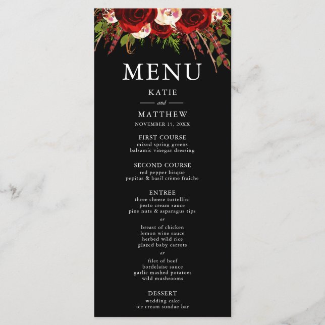 Black Burgundy Floral Boho Wedding Menu Card (Front)