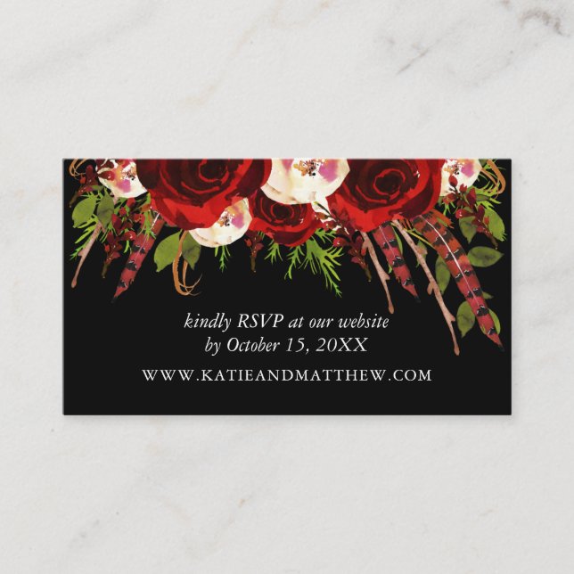 Black Burgundy Floral Boho Wedding Website RSVP Enclosure Card (Front)