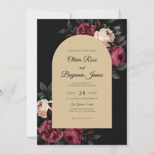 Black Burgundy Flower Eucalyptus Wedding Invitation