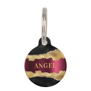 Black burgundy gold agate marble glitter name pet tag