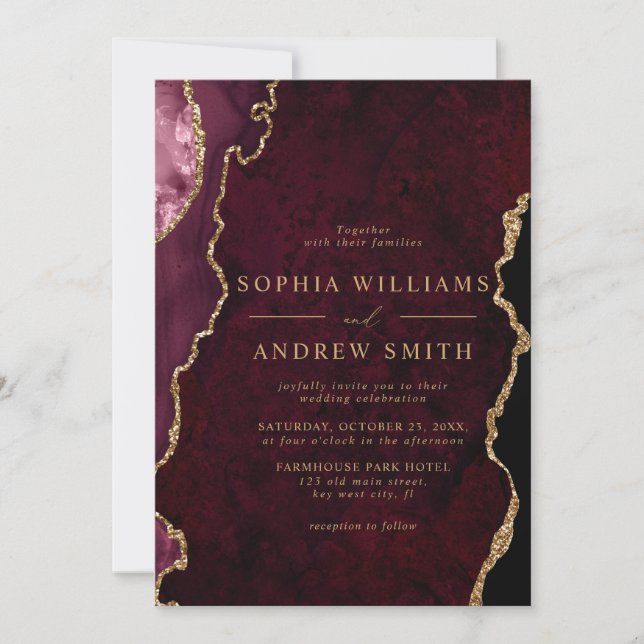 Black & Burgundy Gold Faire-part de mariage modern (Devant)