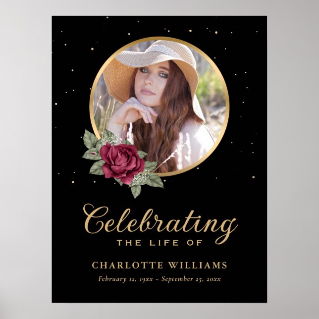 Black Burgundy Gold Floral Funeral Sign (Front)