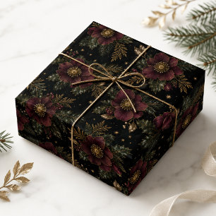Black Burgundy Gold Hellebore Botanical Christmas Wrapping Paper