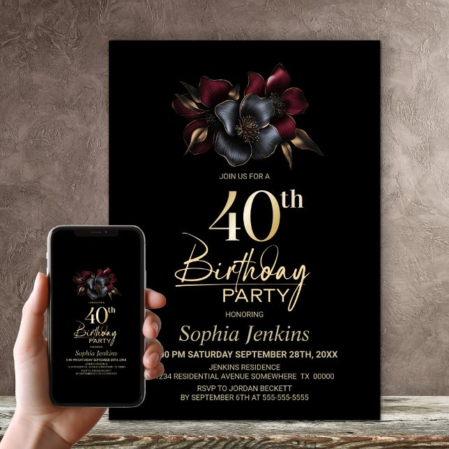Black Burgundy Grey Floral 40th Birthday Party Invitation (Creator Uploaded)