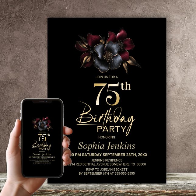 Black Burgundy Grey Floral 75th Birthday Party Invitation (Creator Uploaded)