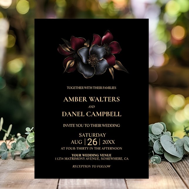 Black Burgundy Grey Floral Wedding Invitation (Creator Uploaded)