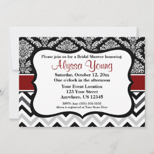 Black Burgundy Red Damask Chevron Invitation
